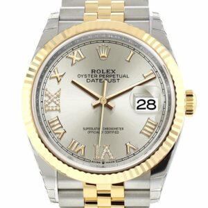 Rolex Datejust 36 Silver Set With Diamonds Dial Fluted Bezel Jubilee Yellow Gold Two Tone Watch