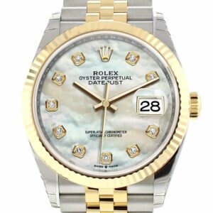 Rolex Datejust 36 White Mother-Of-Pearl Set With Diamonds Dial Fluted Bezel Jubilee Yellow Gold Two