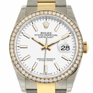 Rolex Datejust 36 White Dial Diamond Bezel Oyster Yellow Gold Two Tone Watch 126283Rbr