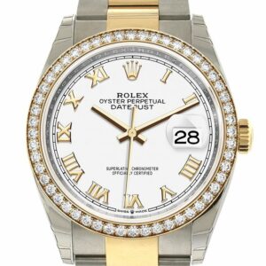 Rolex Datejust 36 White Roman Dial Diamond Bezel Oyster Yellow Gold Two Tone Watch 126283Rbr