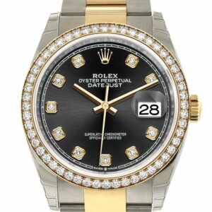 Rolex Datejust 36 Black Set With Diamonds Dial Diamond Bezel Oyster Yellow Gold Two Tone Watch