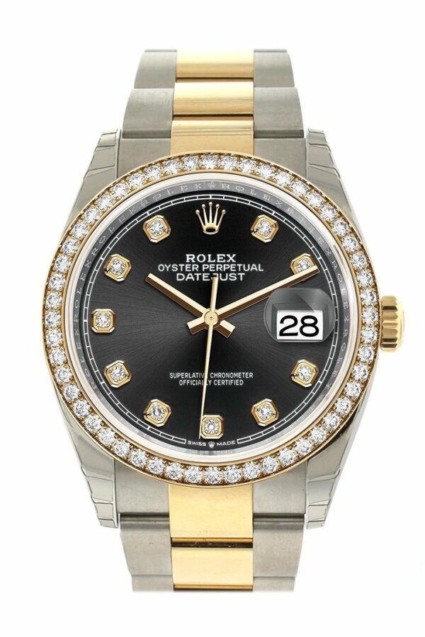 Rolex Datejust 36 Black Set With Diamonds Dial Diamond Bezel Oyster Yellow Gold Two Tone Watch