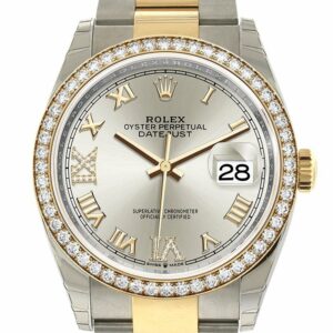 Rolex Datejust 36 Silver Set With Diamonds Dial Diamond Bezel Oyster Yellow Gold Two Tone Watch