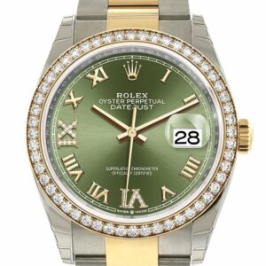 Rolex Datejust 36 Olive Green Diamonds Dial Diamond Bezel Oyster Yellow Gold Two Tone Watch