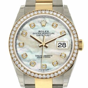 Rolex Datejust 36 White Mother-Of-Pearl Diamonds Dial Diamond Bezel Oyster Yellow Gold Two Tone