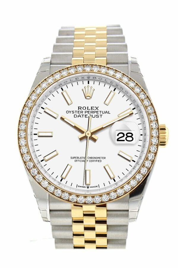 Rolex Datejust 36 White Dial Diamond Bezel Jubilee Yellow Gold Two Tone Watch 126283Rbr