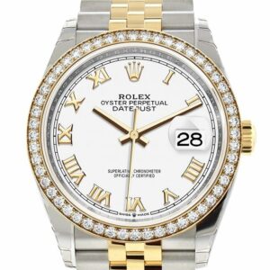 Rolex Datejust 36 White Roman Dial Diamond Bezel Jubilee Yellow Gold Two Tone Watch 126283Rbr