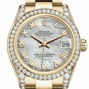 Rolex Datejust 31 White Mother Of Pearl Roman Dial Diamond Bezel Lug 18K Yellow Gold Ladies Watch