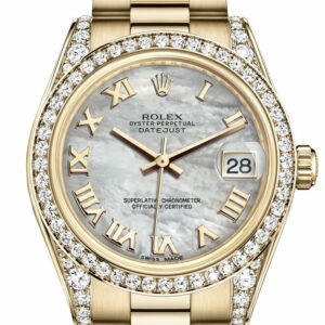 Rolex Datejust 31 White Mother Of Pearl Roman Dial Diamond Bezel Lug 18K Yellow Gold President