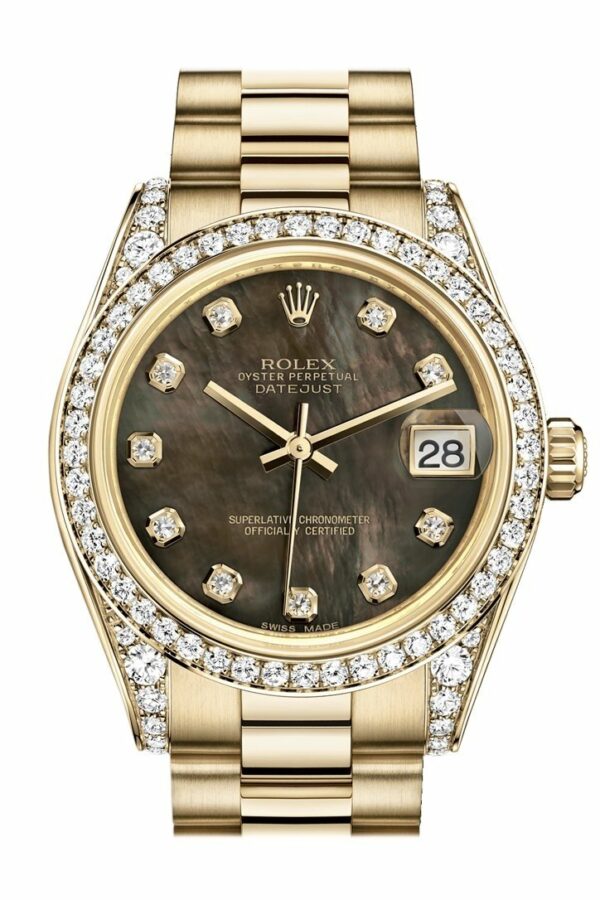 Rolex Datejust 31 Black Mother Of Pearl Diamond Dial Bezel Lug 18K Yellow Gold President Ladies