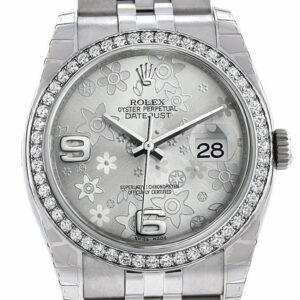 Rolex Datejust 36 Silver Floral Motif Dial 18K White Gold Diamond Bezel Jubilee Mens Watch 116244 /