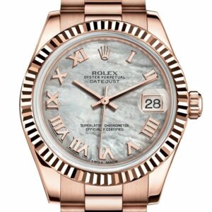 Rolex Datejust 31 White Mother Of Pearl Roman Dial Fluted Bezel 18K Everose Gold President Ladies