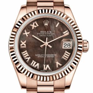 Rolex Datejust 31 Black Mother Of Pearl Roman Dial Fluted Bezel 18K Everose Gold President Ladies