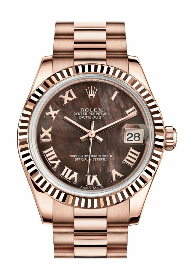 Rolex Datejust 31 Black Mother Of Pearl Roman Dial Fluted Bezel 18K Everose Gold President Ladies