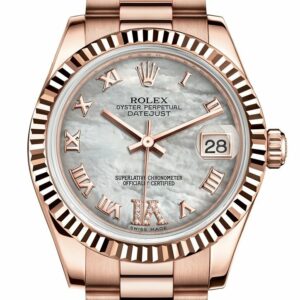 Rolex Datejust 31 White Mother Of Pearl Roman Large Vi Diamond Dial Fluted Bezel 18K Everose Gold