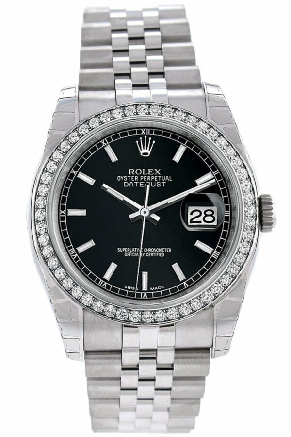 Rolex Datejust 36 Black Dial 18K White Gold Diamond Bezel Jubilee Mens Watch 116244 / None