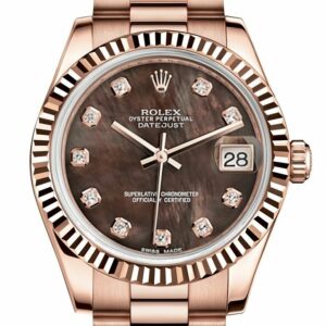 Rolex Datejust 31 Black Mother Of Pearl Diamond Dial Fluted Bezel 18K Everose Gold President Ladies