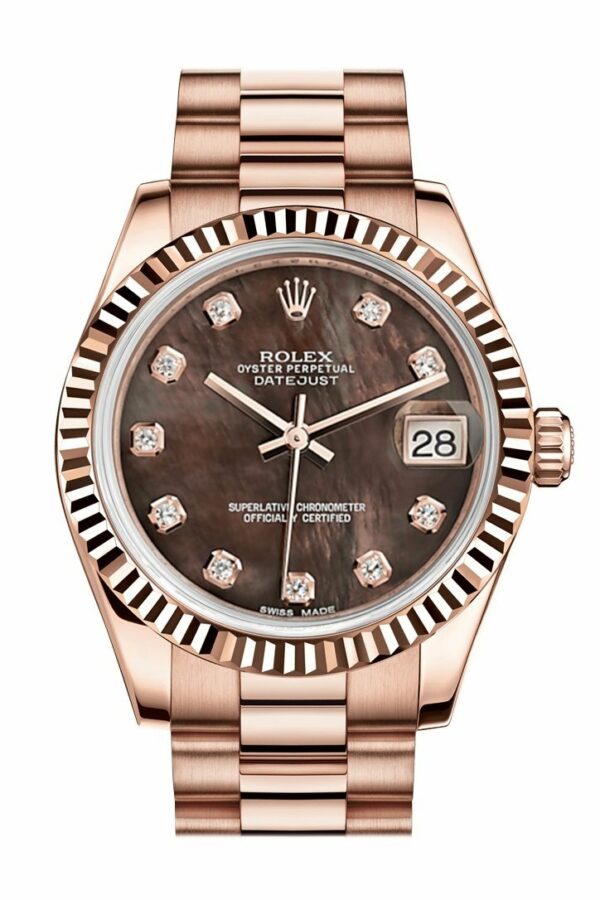 Rolex Datejust 31 Black Mother Of Pearl Diamond Dial Fluted Bezel 18K Everose Gold President Ladies