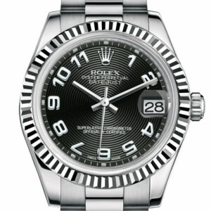 Rolex Datejust 31 Black Concentric Circles Arabic Dial Fluted Bezel 18K White Gold President Ladies