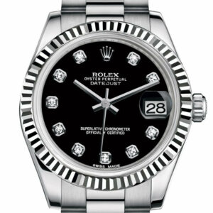 Rolex Datejust 31 Black Diamond Dial Fluted Bezel 18K White Gold President Ladies Watch 178279 /