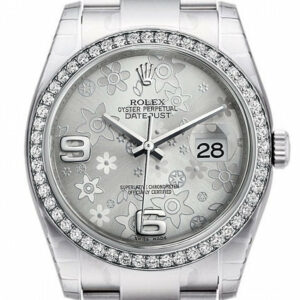 Rolex Datejust 36 Silver Floral Motif Dial 18K White Gold Diamond Bezel Mens Watch 116244 Bronze /