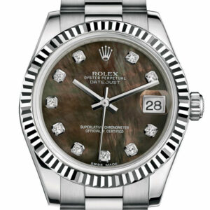 Rolex Datejust 31 Black Mother-Of-Pearl Diamond Dial Fluted Bezel 18K White Gold President Ladies