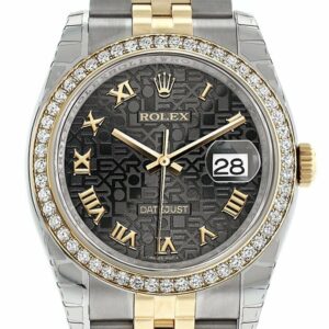 Rolex Datejust 36 Black Jubilee Roman Dial 18K White Gold Diamond Bezel Ladies Watch 116243