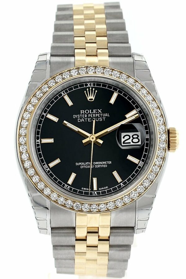 Rolex Datejust 36 Black Dial 18K White Gold Diamond Bezel Jubilee Ladies Watch 116243