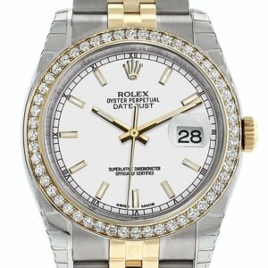 Rolex Datejust 36 White Dial 18K Gold Diamond Bezel Jubilee Ladies Watch 116243