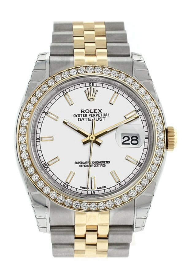 Rolex Datejust 36 White Dial 18K Gold Diamond Bezel Jubilee Ladies Watch 116243