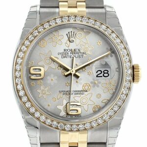 Rolex Datejust 36 Silver Floral Motif Dial 18K White Gold Diamond Bezel Jubilee Ladies Watch 116243