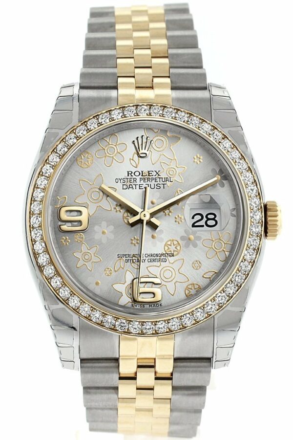 Rolex Datejust 36 Silver Floral Motif Dial 18K White Gold Diamond Bezel Jubilee Ladies Watch 116243