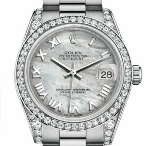 Rolex Datejust 31 White Mother-Of-Pearl Roman Dial Diamond Bezel Lug 18K Gold President Ladies Watch