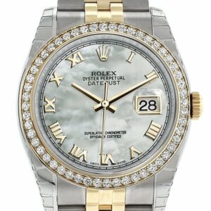 Rolex Datejust 36 White Mother-Of-Pearl Dial 18K Gold Diamond Bezel Jubilee Ladies Watch 116243