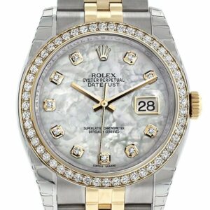 Rolex Datejust 36 White Mother-Of-Pearl Set With Diamonds Dial 18K Gold Diamond Bezel Jubilee Ladies