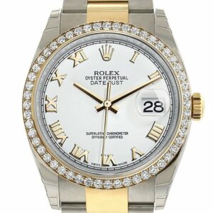 Rolex Datejust 36 White Roman Dial 18K Gold Diamond Bezel Ladies Watch 116243