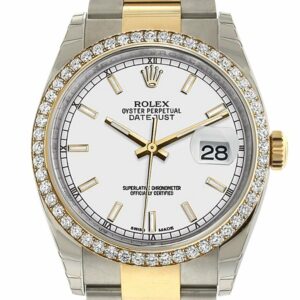 Rolex Datejust 36 White Dial 18K Gold Diamond Bezel Ladies Watch 116243