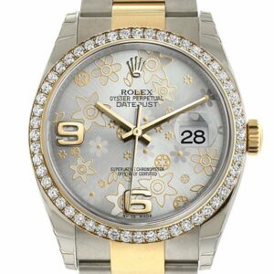 Rolex Datejust 36 Silver Floral Motif Dial 18K White Gold Diamond Bezel Ladies Watch 116243