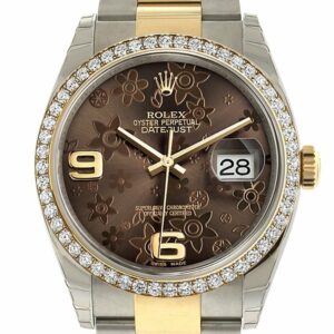 Rolex Datejust 36 Bronze Floral Motif Dial 18K White Gold Diamond Bezel Ladies Watch 116243