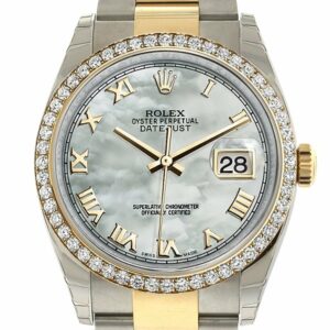 Rolex Datejust 36 White Mother-Of-Pearl Dial 18K Gold Diamond Bezel Ladies Watch 116243