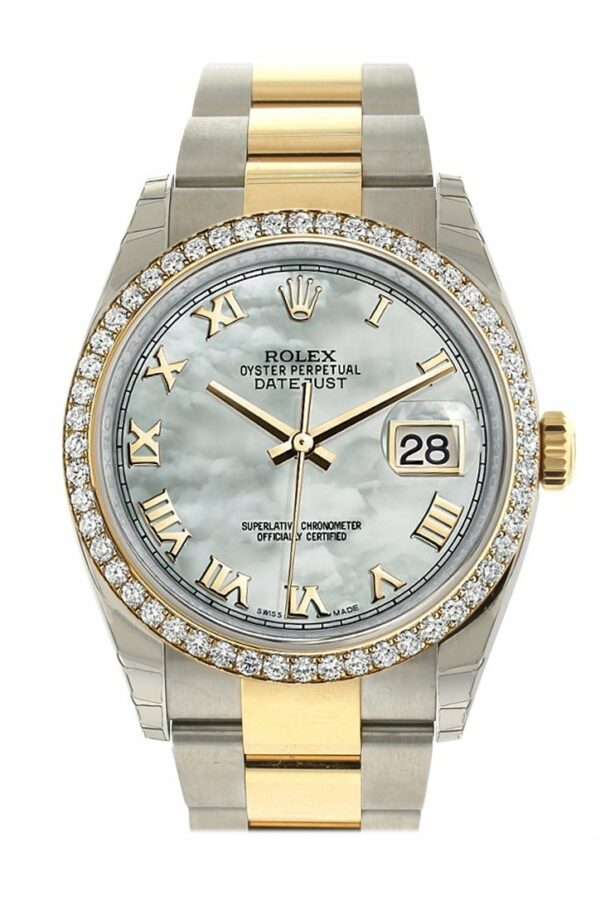 Rolex Datejust 36 White Mother-Of-Pearl Dial 18K Gold Diamond Bezel Ladies Watch 116243