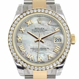 Rolex Datejust 31 White Mother-Of-Pearl Roman Dial Diamond Bezel Yellow Gold Two Tone Watch 178383