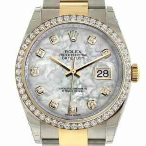 Rolex Datejust 36 White Mother-Of-Pearl Set With Diamonds Dial 18K Gold Diamond Bezel Ladies Watch