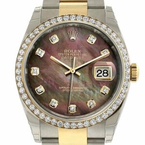 Rolex Datejust 36 Black Mother-Of-Pearl Set With Diamonds Dial 18K White Gold Diamond Bezel Ladies