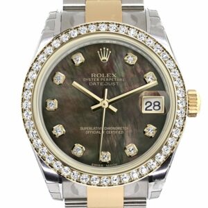 Rolex Datejust 31 Black Mother-Of-Pearl Diamond Dial Bezel Yellow Gold Two Tone Watch 178383