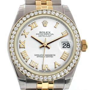 Rolex Datejust 31 White Roman Dial Diamond Bezel Jubilee Yellow Gold Two Tone Watch 178383