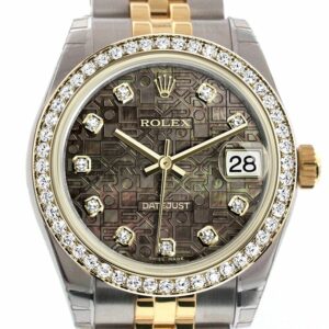 Rolex Datejust 31 Black Mother-Of-Pearl Jubilee Diamond Dial Bezel Yellow Gold Two Tone Watch 178383