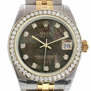 Rolex Datejust 31 Black Mother-Of-Pearl Diamond Dial Bezel Jubilee Yellow Gold Two Tone Watch 178383