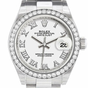 Rolex Datejust 28 White Roman Dial Diamond Bezel Steel Ladies Watch 279384Rbr