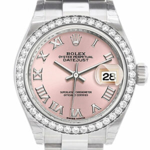 Rolex Datejust 28 Pink Roman Dial Diamond Bezel Steel Ladies Watch 279384Rbr